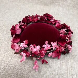 VTG 50s Smartwear by Emma Lange Velvet Floral Cocktail Hat Burgundy One Size USA